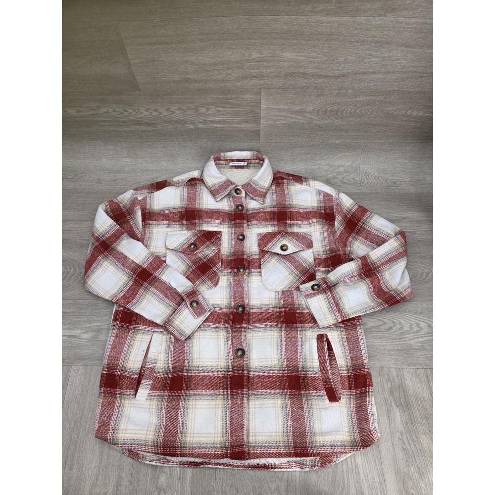 STACCATO Shacket Button Front Red Plaid Jacket Teddy Sherpa Size Large